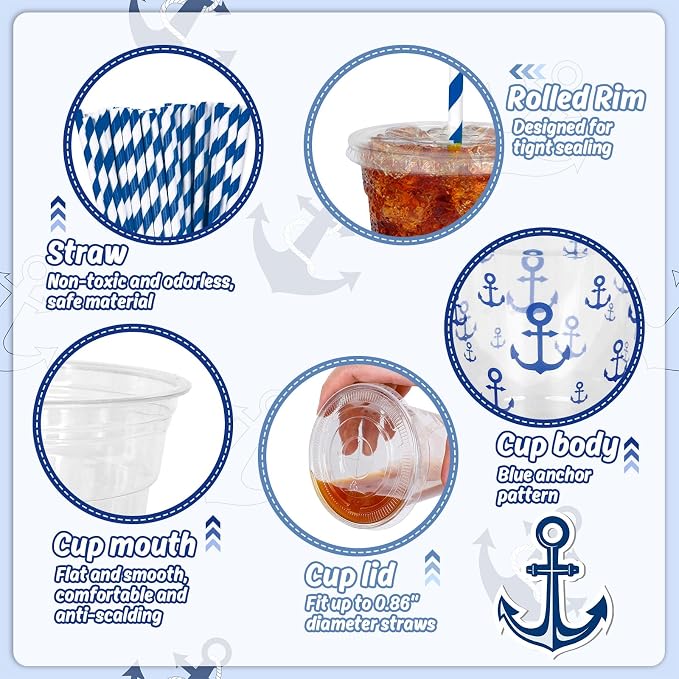 Whaline 50 Pcs 12 Oz Nautical Disposable Plastic Cups with Lids and Straws Navy Blue Anchor Cold Beverage Drinking Cup for Ocean Birthday Summer Party Supplies