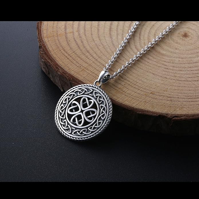 DAOCHONG 925 Sterling Silver Jewelry Oxidized Good Luck Irish Knot Celtic Medallion Round Pendant Necklace, 20 inch