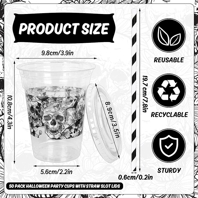 Whaline 50 Pcs 12 Oz Halloween Disposable Plastic Cups with Lids and Straws Black Gothic Sketch Skull Floral Cold Beverage Drinking Cups for Trick or Treat Party Supplies