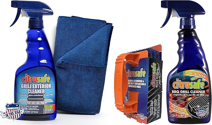 Citrusafe BBQ Grill Cleaner Spray, Exterior Cleaner, 3 CT Grill Scrubbers, and Microfiber Towel