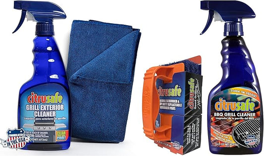 Citrusafe BBQ Grill Cleaner Spray, Exterior Cleaner, 3 CT Grill Scrubbers, and Microfiber Towel