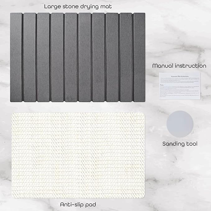 Stone Dish Drying Mat 24" x 16" – Dish Drying Stone – Large Diatomaceous Earth Drying Mat with Non-Slip Base – Quick Dry Kitchen & Bathroom Drying Pad for Dishes, Glassware & Bottles (Solid Dark Grey)