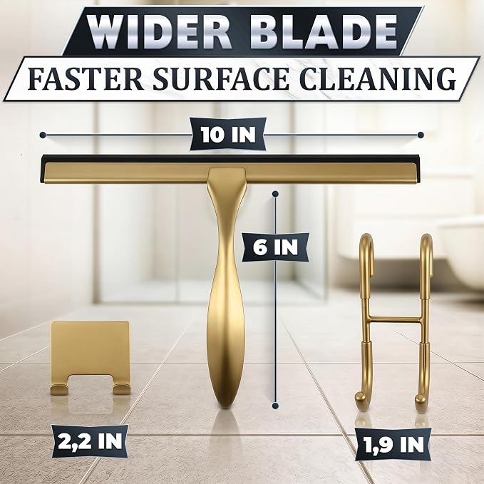 Shower Door Squeegee with Hook - 10" Silicone Blade, Stainless Steel Gold Squeegee for Shower Glass with Adhesive Mount - All-Purpose Bathroom Tile, Mirror, & Window Wiper for Streak-Free Cleaning