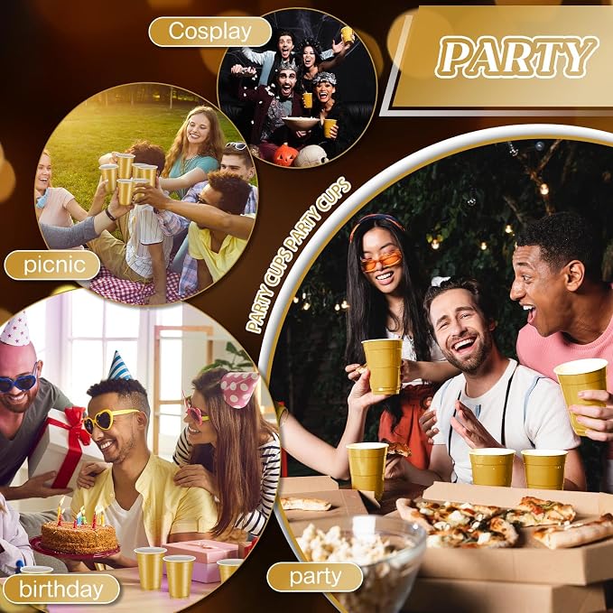 Lounsweer 100 Pcs 16 oz Disposable Party Cups Plastic Heavy Duty Drinking Water Cups for Birthday Baby Shower Wedding BBQ Picnic Party Supplies(Gold)