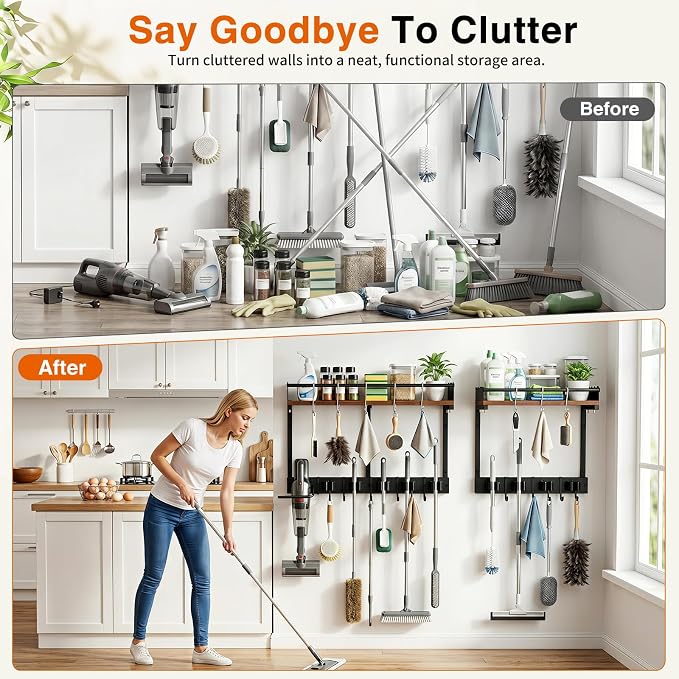 Broom Holder Wall Mount, Heavy Duty Broom and Mop Organizer Wall Hanging with Vacuum Stand, 5 Grippers & 10 Hooks, Utility Racks with Wood Shelf & Guard, Laundry Organization & Storage (L)
