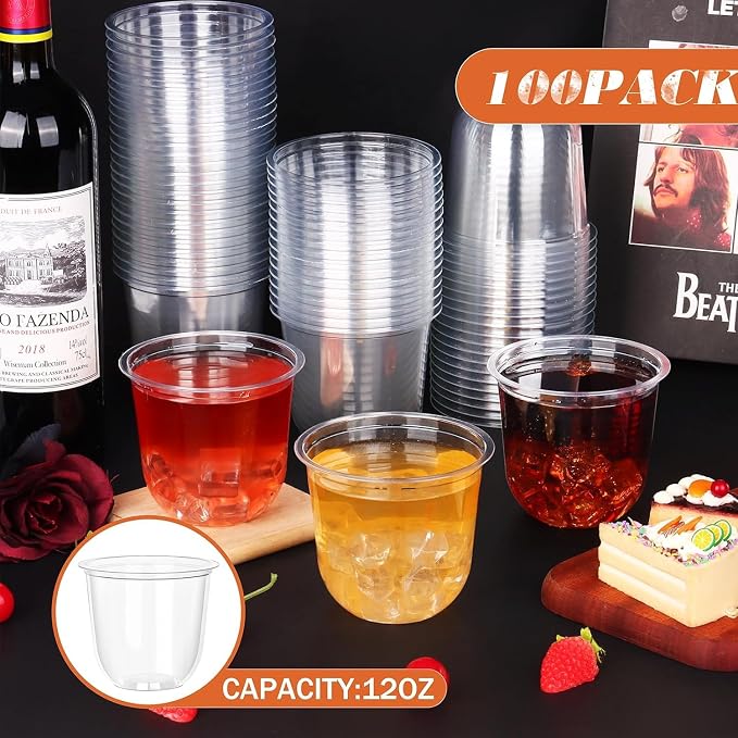 KesaPlan 100 Pcs Disposable Stemless Glasses 12oz Crystal Plastic Wine Glasses Clear Classic Cup for Meeting Weddings Birthdays Cocktail Christmas Party Supplies