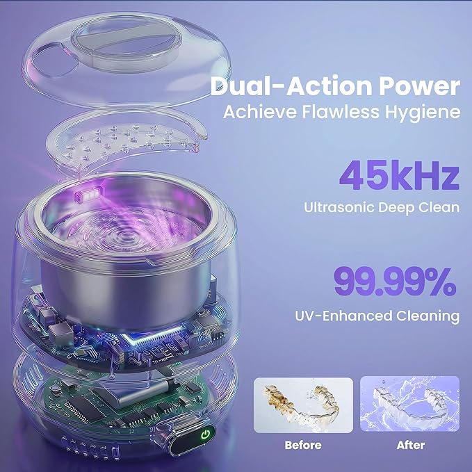 Premium Ultrasonic Retainer Cleaner Machine with UV — 45kHz Durable Dental Pod, 4 Cleaning Modes, Detachable Design for Invisalign, Aligners, Night Guards, Mouth Guards and Dentures