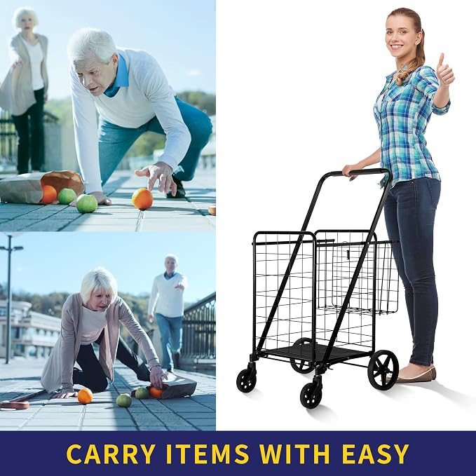 BIEAMA Folding Shopping Cart, 340 Lb Capacity Grocery Cart, Large Size | Heavy Duty Utility Cart with 360 Rolling Swivel Wheels, Extra Basket