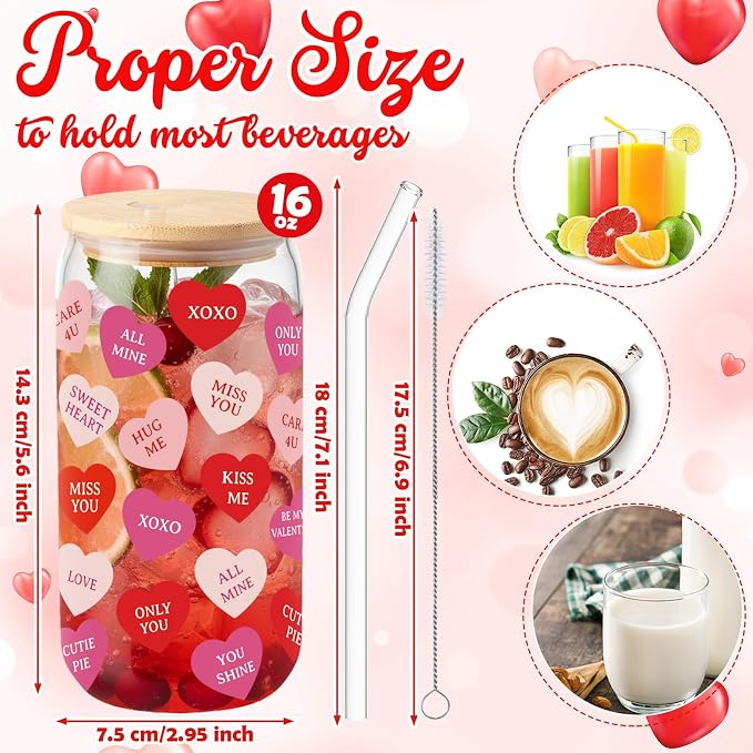 Sliner 2 Pcs Heart Glass Cups Valentines Galentines Day Tumbler 16 oz Iced Coffee Cup Drinking Glasses with Lid Straw Cute Beer Can Tumbler Holiday Gifts for Home Office Decorations