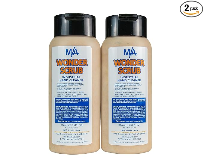 M/A Wonder Scrub - Industrial Strength Mechanic Hand Cleaner - Heavy Duty Walnut Shell Soap - Tough on Grease, Dirt, Oil, and Paint (2 bottles 400ml)