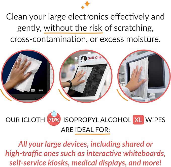 iCloth XL Wipe - 9x12 Inch Electronics Cleaning Wipe, 70% Isopropyl Alcohol, Individually Sealed - Streak-Free, Lint-Free, Restores Optical Clarity - TV, Monitor, Laptop (24 Wipes)