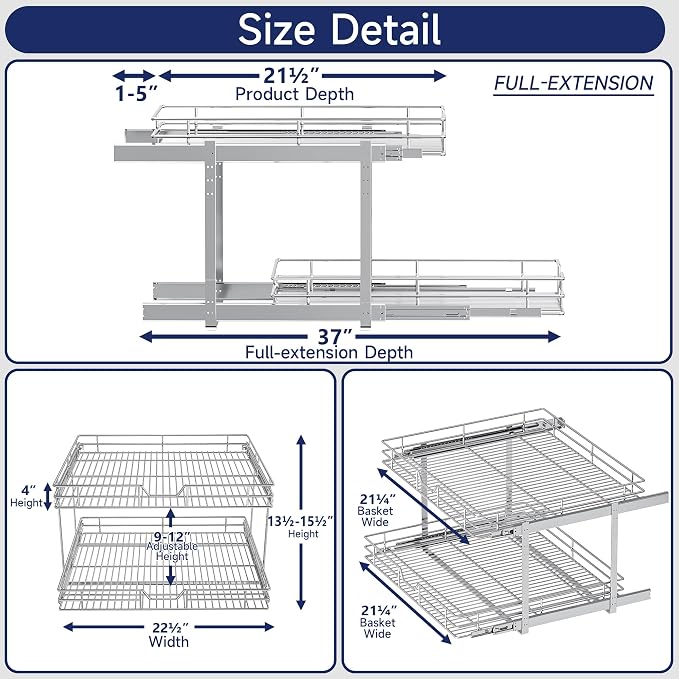 2-Tier Pull Out Cabinet Organizer, 22.5" W x 21.5" D, Heavy Duty Dual Slide Out Shelves for Wide Base Cabinets, Chrome Wire Basket Drawer for Pots, Pans, Pantry & Cleaning Supplies