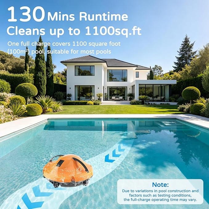 2026 New Cordless Robot Pool Vacuum, Automatic Pool Cleaner Robot with Dual-Motor, 130mins Runtime & Auto Parking Robotic Pool Vacuum for Above Ground Pool Up to 1100 Sq.Ft,JQR-V201,Orange