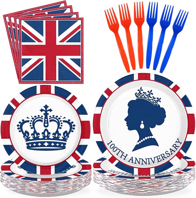96Pcs Britain Party Decorations Britain UK England Flag Plates and Napkins Sets Union Jack 100th Anniversary Decorations for The Birth of Queen 100th Anniversary Party Supplies Serves 24
