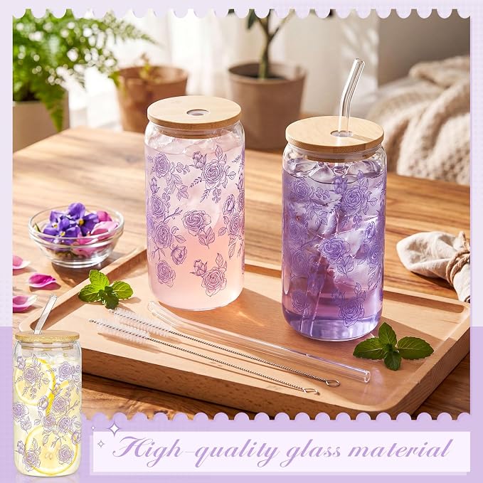 Sliner 2 Pcs Purple Floral Glass Cups Flower Gifts Drinking Glasses 16 oz Iced Coffee Tumbler with Lid Straw Beer Can Tumbler Cute Holiday Gifts for Home Office Decorations