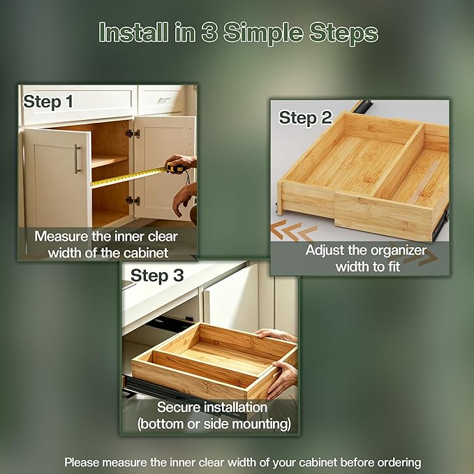 BAMEOS 2-Pack 14" to 20" Adjustable Width Soft Close Slide Out Bamboo Wood Drawer Organizer for Kitchen,Pantry, Bathroom & Under Sink, 2-Pack Wooden Storage, 21" Depth, 66 lbs Capacity