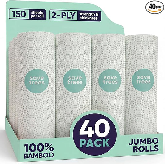 Save Trees Bamboo Paper Towels 40pk - Ultra Absorbent & Durable Eco-Friendly Paper Towels - FSC-Certified, Chlorine-Free