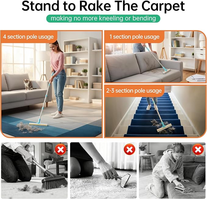 Carpet Rake for Pet Hair Removal Tool, 2 in 1 TPU and Copper Rake Teeth Uproot Clean Hair Remover with 63’’ Adjustable Long Handle,Cat & Dog for Carpets,Rugs, Mats (63’’ Long Handle+1 Short Handle)