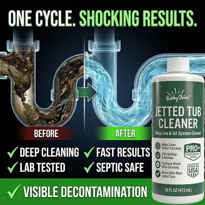 BubbyShine Jetted Tub Cleaner for Bathtub Jets – Deep Cleaning Bathtub Cleaner Formula for Jacuzzi & Whirlpool Tubs, Pro Grade System Flush for Internal Lines and Pipes, Made in USA, 16 oz