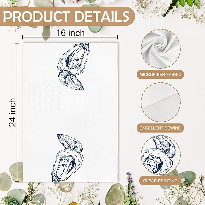 Coastal Oyster Beach Decor Dish Hand Tea Towels for Bathroom Kitchen, Oyster Shell Ocean Beachy Bathroom Decor Gifts, Navy Blue Nautical Summer Kitchen Towels and Dishcloths Sets of 2,16x24in