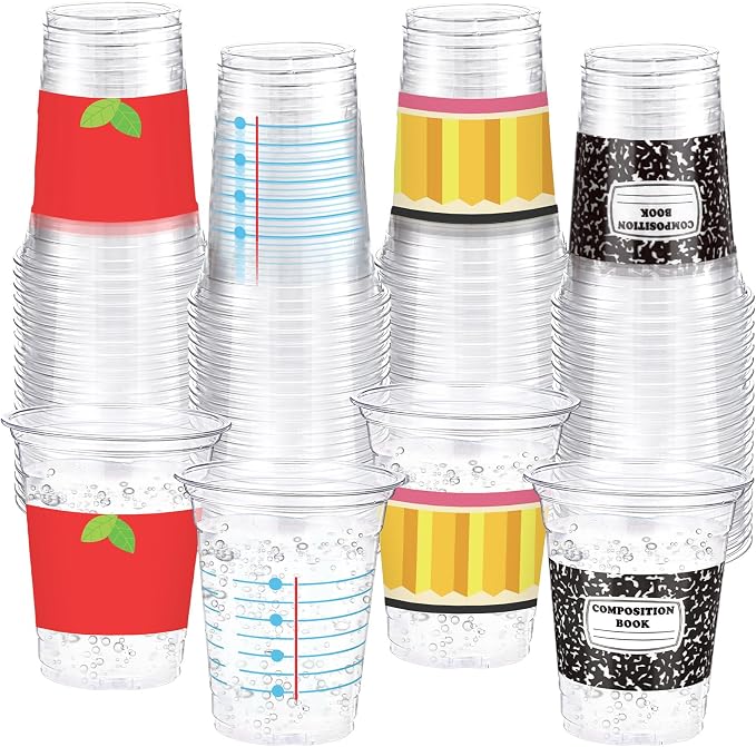 Funnymoom 60 Pcs Back to School Plastic Cups 12oz Composition Notebook Yellow Pencil Disposable Drinking Cups for First Day of School Graduation Teacher Appreciation Party Decoration Supplies