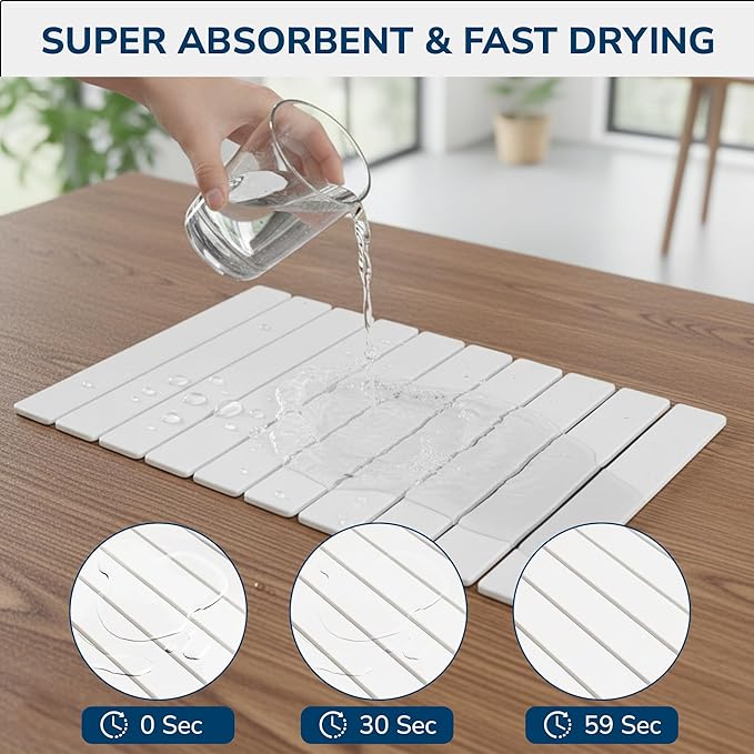 Large Stone Drying Mat 24"x16" – Diatomaceous Earth Stone Dish Drying Mat, Ultra-Absorbent Stone Drying Mat for Kitchen, Collapsible Quick-Dry Countertop Protector for your Dishes (Snow White)