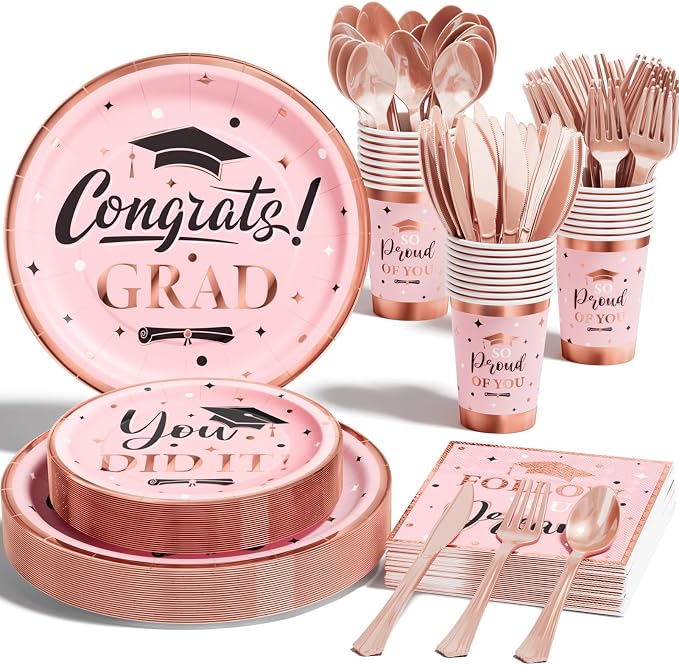 Graduation Decoration Class of 2026 Pink Graduation Decoration 175 PCS - Rose Gold Grad Party Supplies Disposable Dinnerware (Serves 25) Paper Plates Cup Napkin Fork Knife Spoon (Pink & Black)