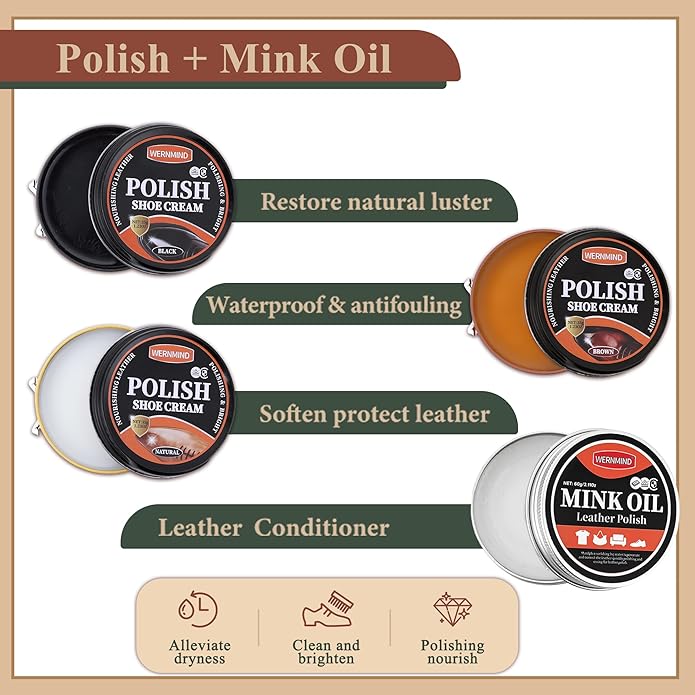 Black Shoe Polish Kit Brown Neutral White Mink Oil Leather Boot Shoe Shine Kit Conditioner Care Cream Clearner Set