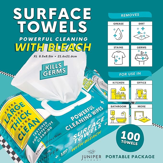 Juniper CLEAN 6 Packs Surface Wipes with Bleach, Thick & Large Dispose, All-Purpose Cleaner for Bathroom, Kitchen, Office, 600 Count Soft Flow, Biodegradable, Fresh Scent