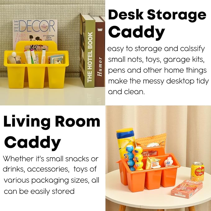 ALINK Classroom Caddy Storage Basket with Handle, 6 Pack Plastic Arts Office Crafts Caddy 4 Compartments for Kids, Pencil, Crayon, Marker, School Supplies - Clear