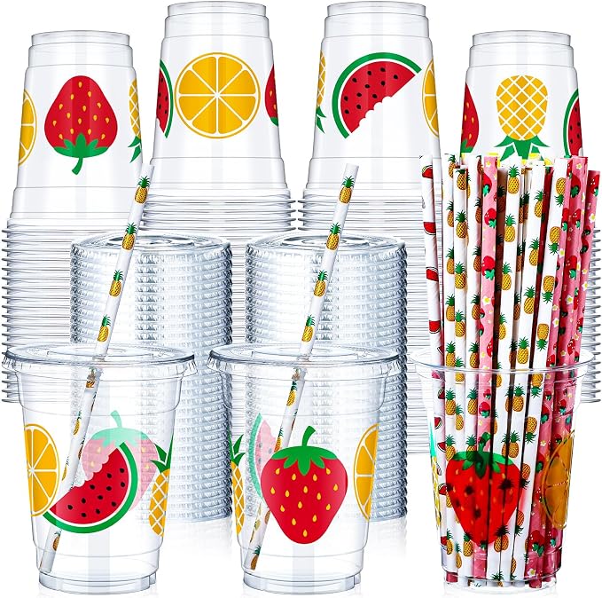 Blushtier 300 Pcs Fruit Disposable Plastic Cups with Lids and Straws 12oz Summer Party Favors Cups Fruit Disposable Clear Cups Summer Fruit Theme Party Supplies Favors