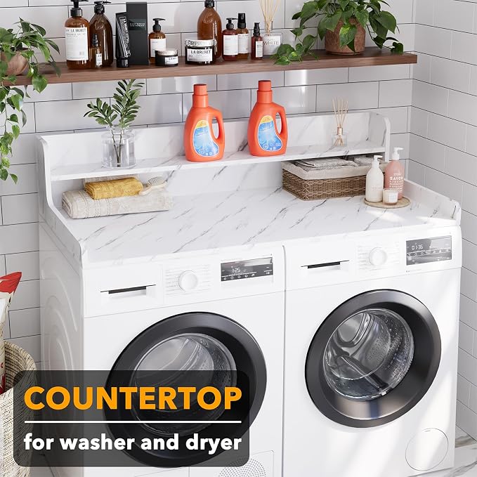 SpaceAid Washer Dryer Countertop with 2-Tier Shelf, Wood Topper with Edge, 54" Width x 27.5" Depth Cover Organizer Guard for Washer and Dryer Counter Laundry Hamper Storage (White Marble)