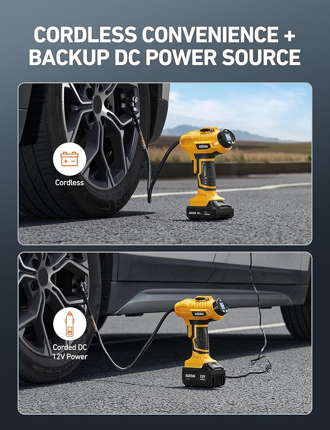 AstroAI Cordless Tire Inflator Air Compressor 20V Rechargeable Battery Powered 160PSI Portable Air Pump with 12V Car Power Adapter Digital Pressure Gauge for Cars Motorcycles （C2）Yellow