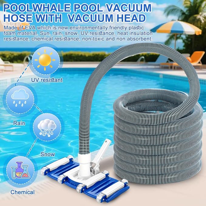4 Pcs Swimming Pool Cleaning Kit Including Pool Vacuum Head with 1-1/2" x 30 ft Hoses Flexible Head with Bristles Wheel and Pole 14 '' Cleaning Brush for Inground Above Ground Cleaner