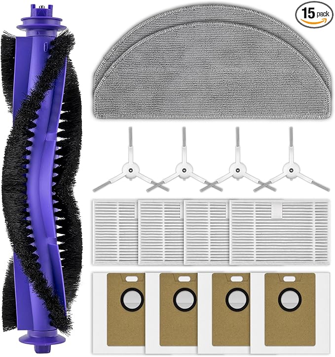 (15 Pack) Freo S Replacement Parts Compatible with Narwal Freo S Robot Vacuum Cleaner, 1 Roller Brush, 4 Side Brushes, 4 HEPA Filters, 4 Dust Bags, 2 Mop Pads, Accessories Kit