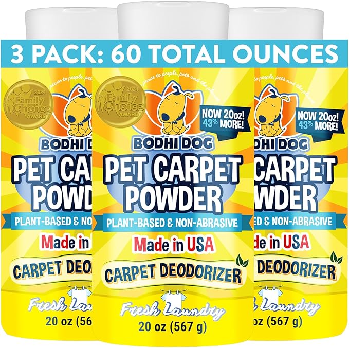 Bodhi Dog Natural Carpet Deodorizer Powder - Dry Pet Smell Eliminator & Urine Odor Remover - Loosens Fur & Dirt - Plant-Based Room Freshener for Vacuuming Home with Pets - Fresh Laundry (Pack of 3)