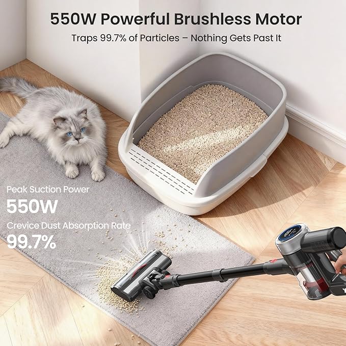 Xlife Cordless Vacuum Cleaner 45KPa 550W for Pet Hair & Multi-Surface Greenlight Reveal Dust 7-Stage HEPA Filter Long Runtime Anti-Tangle Roller Adjustable Stick Lightweight