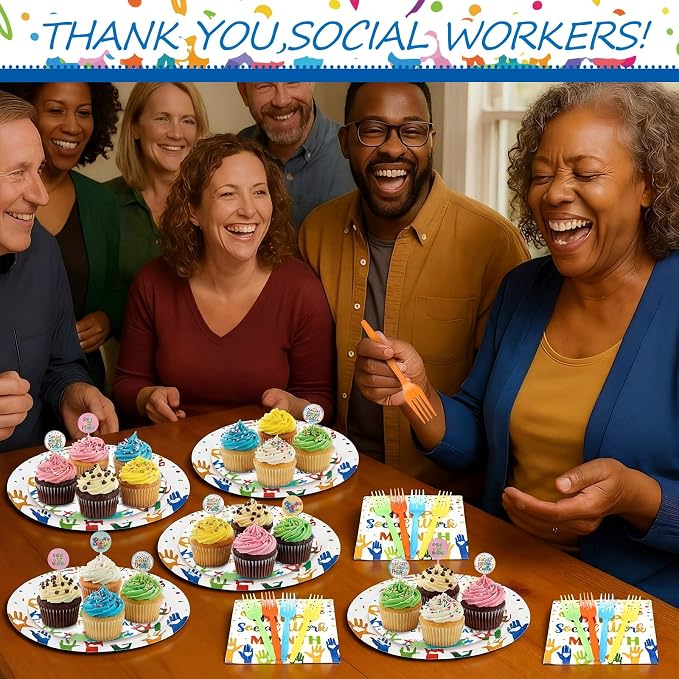 Remerry 96 Pcs Happy Social Work Month Party Supplies Social Workers Make the World a Better Place Tableware Disposable Thank You Employee Staff Paper Plates Napkin for Party Decoration