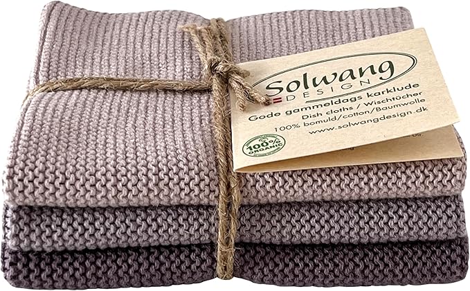 Solwang 3-Piece Danish Cotton Dishcloths in 100% Certified Organic Cotton Made in India (Dusty Purple Organic Combi)