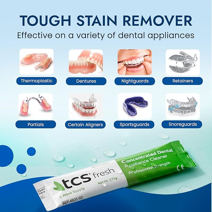 TCS Fresh Denture Cleaner – Professional Strength Concentrated Cleanser Mint Powder for Dental Cleaning – For Dentures, Night Guards, Aligners & Retainer Cleaner – 24 Packets (6 Month Supply)