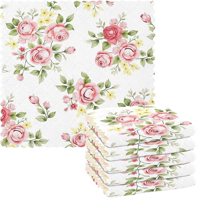 senya Kitchen Dishcloths, Pink Rose Flower Floral Cloth Dish Towels 6 Pack Super Absorbent Dishtowels Reusable Cleaning Cloths