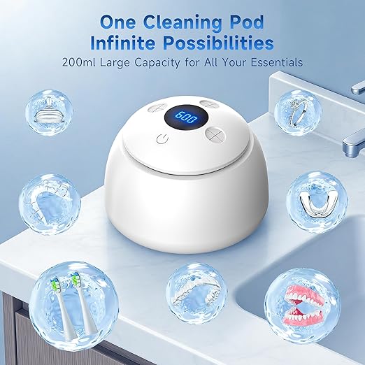 Ultrasonic Retainer Cleaner Machine, 45kHz Denture Dome with UV Light,Dental Cleaning POD for Aligners, Mouth Guards, Night Guards, Toothbrush,Jewelry,200ML Capacity (Silver)