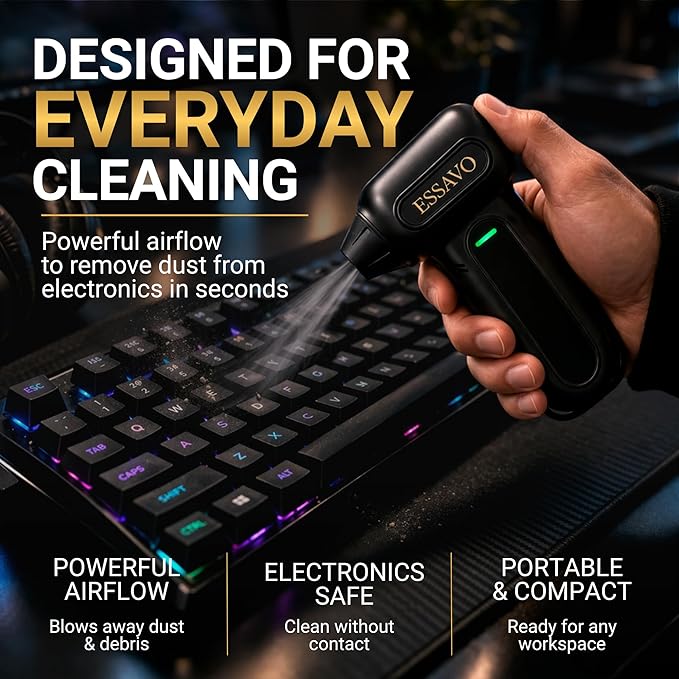 Compressed Air Duster 130,000RPM Cordless Portable Electric Air Duster with Brushless Motor & LED Light, 4 Speeds, USB-C Rechargeable for Keyboard, Computer, Car & Home Cleaning