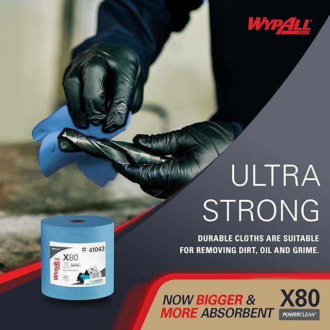WypAll PowerClean X80 Cloths Heavy Duty Wipes (41043), Jumbo, Extended Use Towels, Blue (1 Roll of 455 Sheets, 455 Sheet Total)