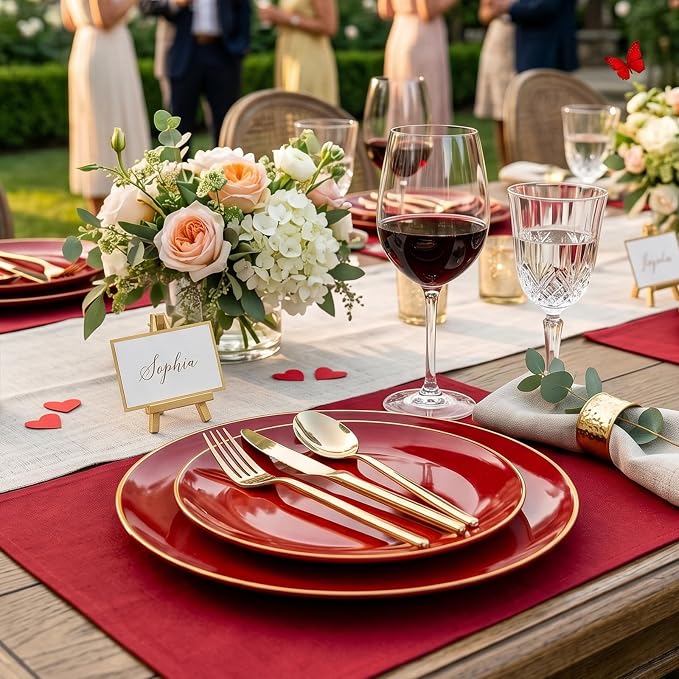I00000 150Pcs Red Plastic Plates with Gold Rim,Fancy Plastic Plates,Nice Disposable Plates Set include 30 Dinner Plate,30 Dessert Plate, 90 plastic Silverware Set for Valentine's Day