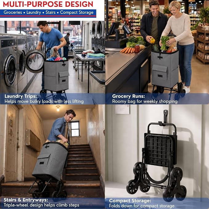 Shopping Cart, Super Loading Stair Climber 220 lbs Capacity, Grocery Foldable Trolley with Extra Large Shopping Bag Laundry Utility Cart with Adjustable Bungee Cord (Gray)