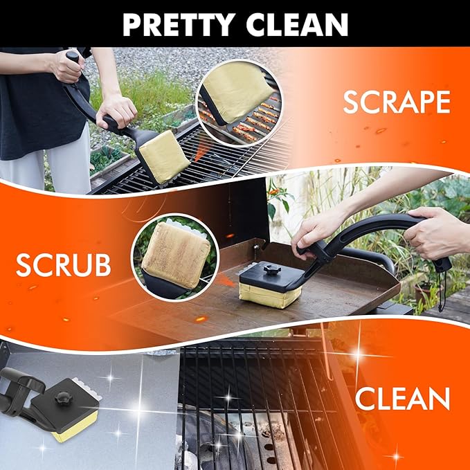 Sponge Grill Brush for Outdoor Grill, Upgraded Safe Bristle Free Grill Brush with Scraper Replaceable Head, BBQ Cleaning Brush for Dad, 1+2 Pcs