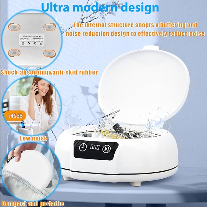 Ultrasonic Retainer Cleaner Machine,48 kHz Ultrasonic Cleaner,700ML Portable Ultrasonic Cleaner for Braces, Mouth Guards, Aligner, Toothbrush, Glasses, Jewelry(White)