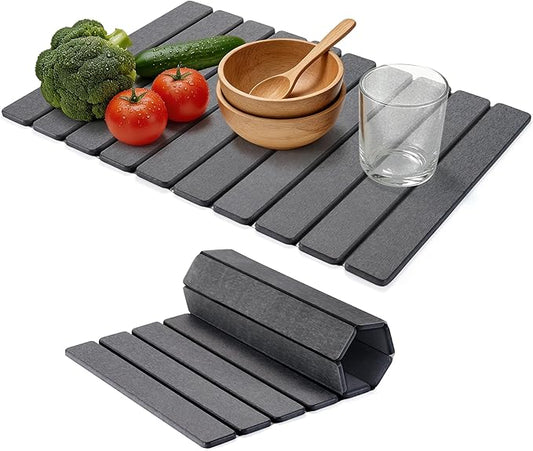 HABUTWAY Large Stone Dish Drying Mat for Kitchen Counter – 24"×16" Collapsible Diatomaceous Earth Mat, Ultra Absorbent & Quick Dry, Foldable Drying Pad for Dishes, Bottles, Cups (Dark Grey)