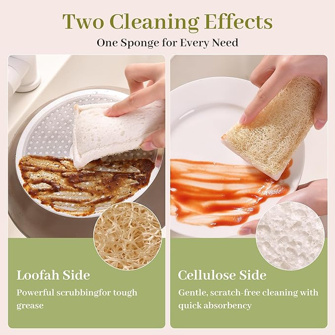 JOYMOOP Compressed Cellulose & Loofah Scrubbers, Non-Scratch Scrub Sponge, Kitchen Sponges for Dishes, 24-Pack, Dual-Sided Dish Sponge for Nonstick Cookware & All Surfaces